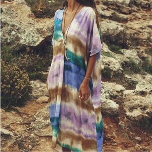 NWT Zara DRESS tunic TIE DYE blue teal beige purple gold